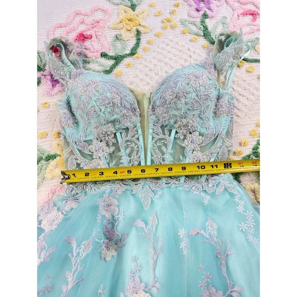 Morrell Maxie Size 4‎ Aqua White Floral Lace Off Shoulder Formal Gown - Picture 9 of 16